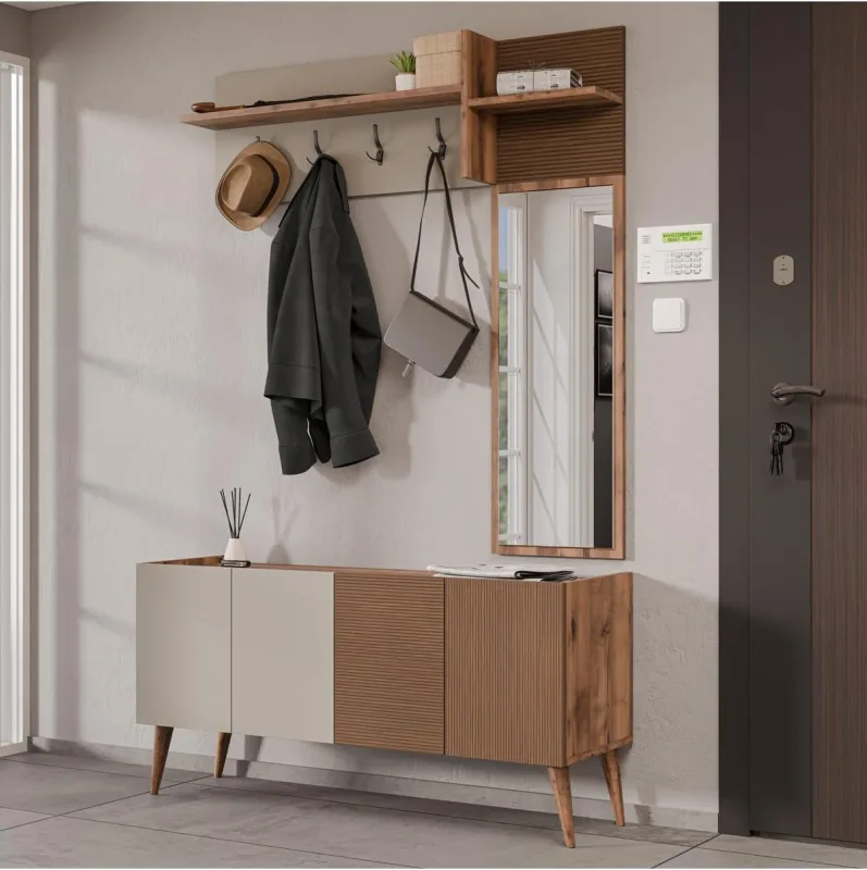Mezza Theo 5063 Ceviz-Kumtaşı 4 Kapaklı Sağ Aynalı Portmanto