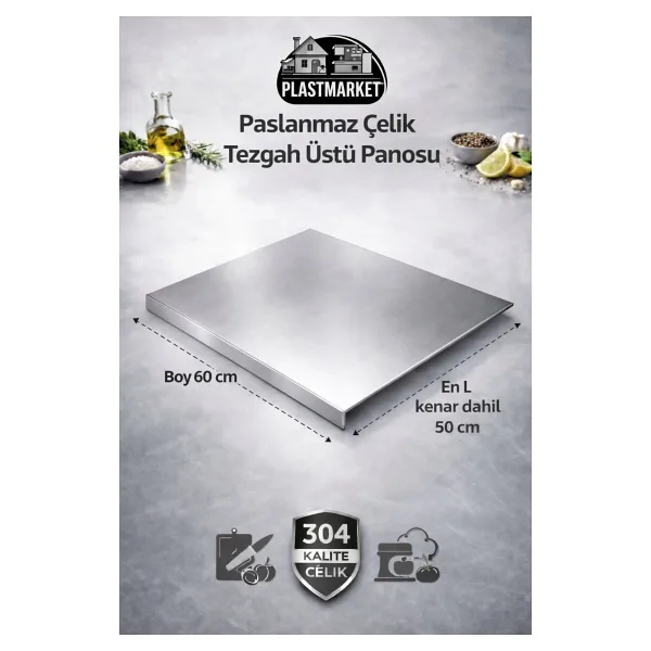 PLASTMARKET Paslanmaz Çelik Tezgah Üstü Kesme Doğrama Yoğurma Tahtası - L Kenar - XL Ekstra Büyük Boy