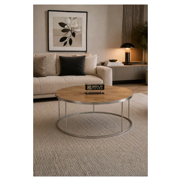 Reyo Falez Terra Lüx Ceviz Yuvarlak Orta Sehpa Modern Metal Ayaklı Salon ve Oturma Odası Sehpası 70 cm