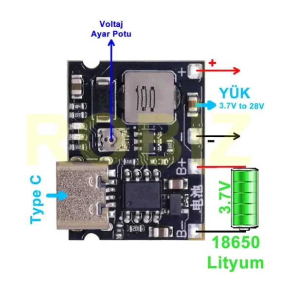ROBİZ TP4056 18650 Lityum Pil Şarj Modül Type C Ayarlı Voltaj Yükseltici Lion Batarya Akü DC 3.7V to 28V