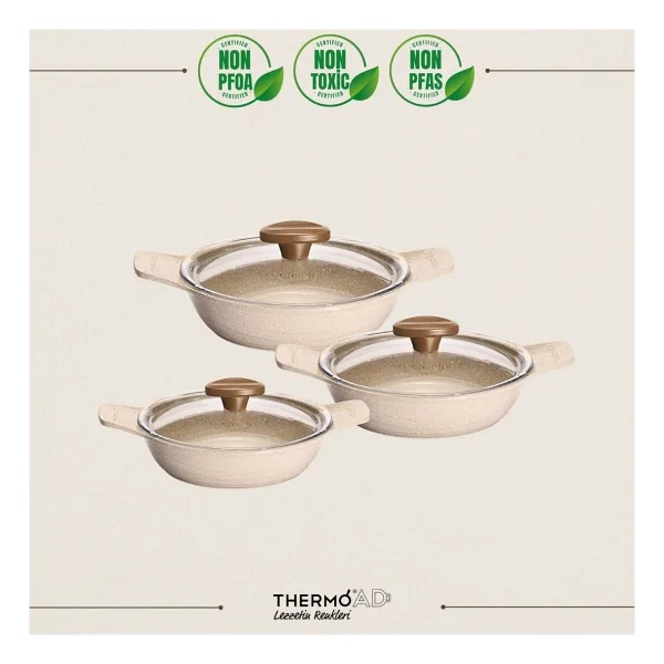 ThermoAD Döküm Saplı Güveç Sahan Set 6 Parça Vizon 18cm-20cm-22cm