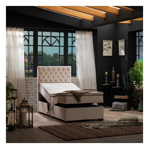 Unimet Leila Kumandalı Hareketli Sandıklı Baza+Başlık+Yatak Seti Bej - 90 x 200 cm