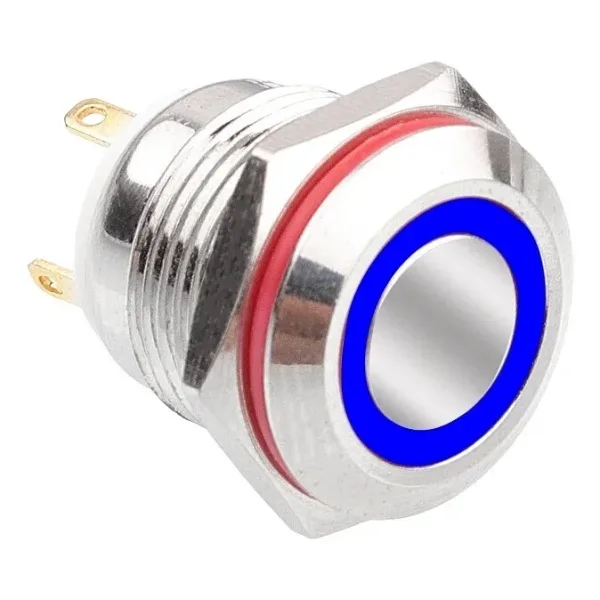 WD16H-P1-E 16mm Düz Yaylı Işıklı Metal Buton - Mavi
