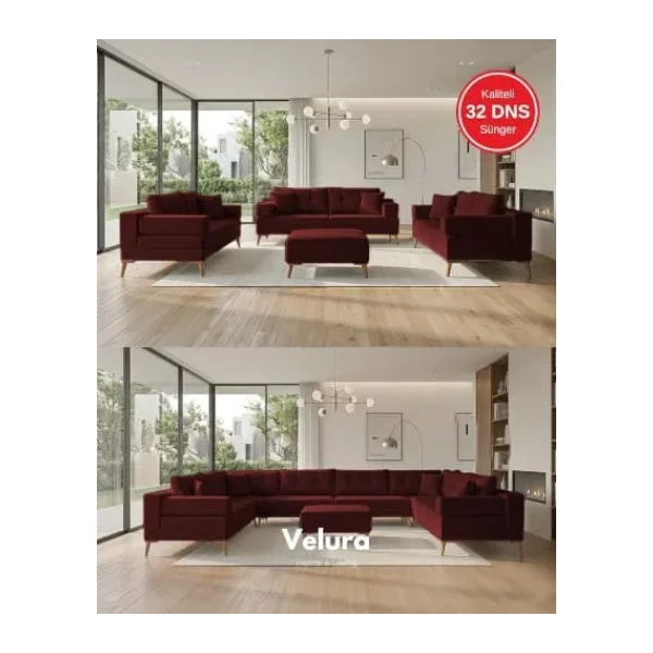 Zeri Modüler Yataklı 3 Adet Üçlü Kanepe & 3'lü Koltuk 3+3+3 - Bordo - 173 Bordo