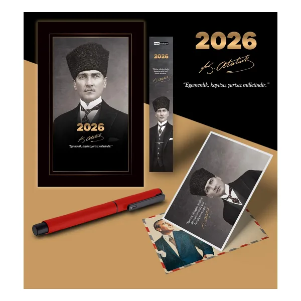 2026 Kalpaklı Atatürk Ajandası Ayraç Kartpostal Kalem - Kırmızı