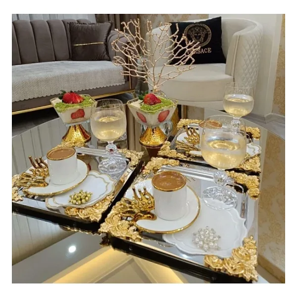 atabey home collection 6'lı Kahve & Çay & Sunum Tepsisi Metal Döküm Gül Model