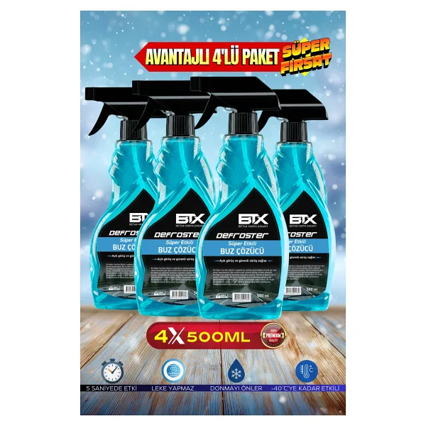 Betax 4 ADET-Süper Etkili Araç Cam Buz Çözücü ve Buzlanma Önleyici Sprey 500 ml x 4 Adet - Avantajlı Paket