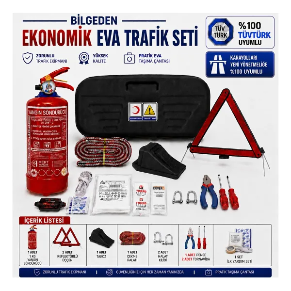 Bilgeden Siyah Ekonomik Eva Trafik Seti ve Tüvtürk Onaylı Yeni Mevzuata Uygun Araç Trafik ve İlk Yardım Seti