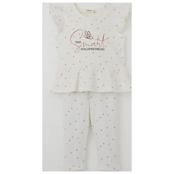 Breeze Kız Çocuk Taytlı Takım Minik Kalpler Desenli Yazı Baskılı Fırfırlı 2-6 Yaş, Ekru