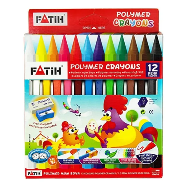 Fatih 12 Renk Uzun Crayon (Mum Boya) Pelikan Silgi+Kum Kalemtıraş Hediyeli