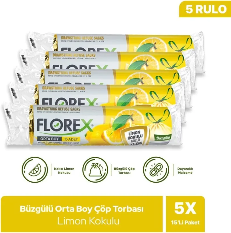 Florex Limon Kokulu Büzgülü Orta Boy Çöp Poşeti 10'lu 5 Adet
