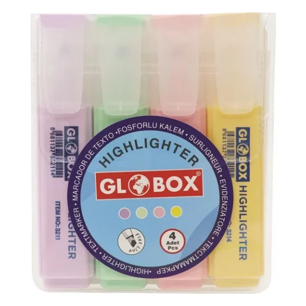Globox Fosforlu Kalem Işaretleme Kalemi Kesik Uç Pastel Renk Karışık Renk (4 Lü Paket) 3230