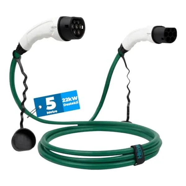 Hims 22KW (32A) Tip 2 Premium Elektrikli Araç Şarj Kablosu 5 Metre - Yeşil, IP54 Suya Dayanıklı, Tüm Elektrikli Araçlarla Uyumlu