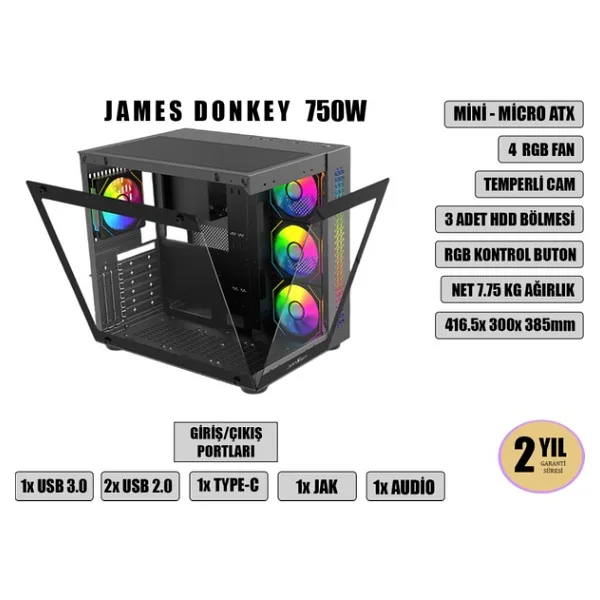 James Donkey Stark S800 ARGB Fanlı 750 W ATX Oyuncu Kasası