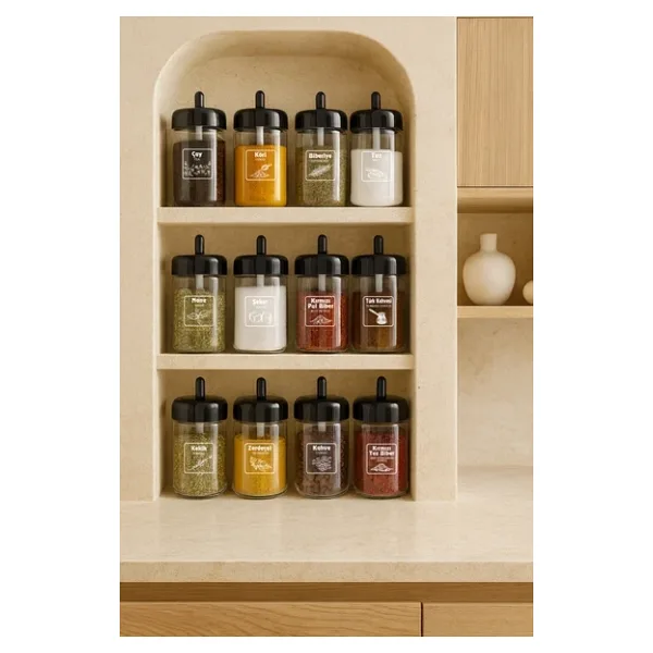 Kitchen Life 12 Adet Kapağı Kendinden Kaşıklı Ve Etiketli Baharatlık Seti 305 ml Etiketli Cam Baharat Takımı