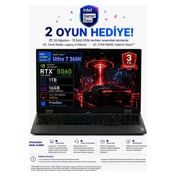 Lenovo LOQ 15IPH11 83SL001ATR Ultra 7 356H 16 GB 1 TB SSD RTX5060 15.3" WUXGA Gaming Laptop