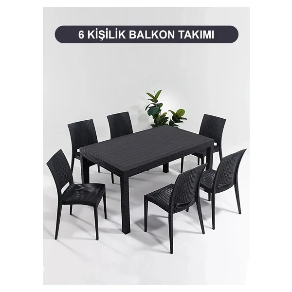 Mandella 90 x 150 6 Kişilik Antrasit Plastik Bahçe Mobilyası Mutfak Balkon Takımı