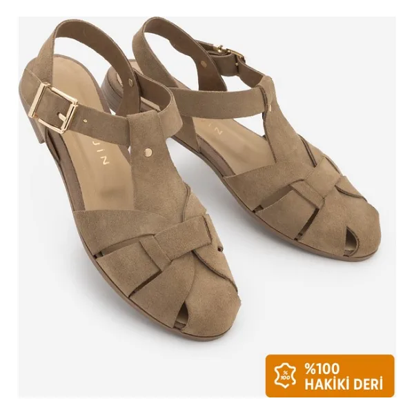 Marjin Kadın Hakiki Deri Bilekten Bantlı Tokalı Önü Kapalı Olive Süet Günlük Sandalet Yenzar Toprak Süet - 39