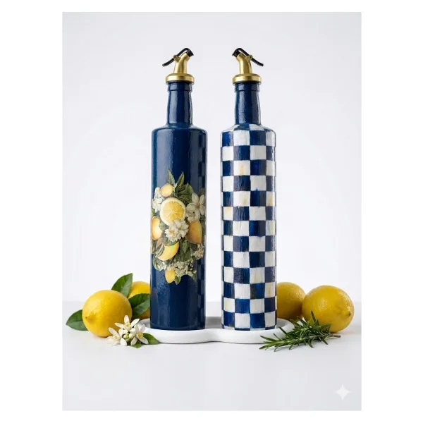 Mes Reves Büyük boy 2'li Cam Yağdanlık Sirkelik Seti 750 ml - El Yapımı Limon Ve Damalı Desenli Lacivert Set