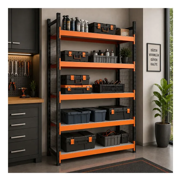 Rafburada 5 Katlı Dekoratif Midi Rack - Ekonomik Depo,arşiv, Kiler Rafı SIYAH-TURUNCU-46X150 CM-150 cm - Çok Renkli