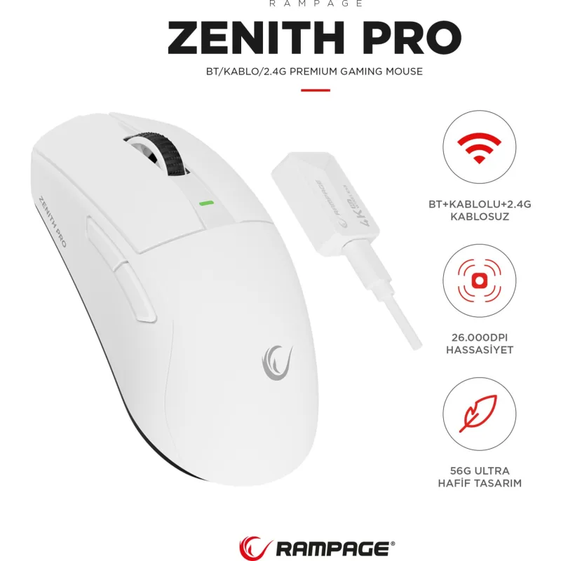 Rampage Zenith Pro 4K Beyaz Şarjlı Optik Kablolu/Kablosuz Oyuncu Mouse