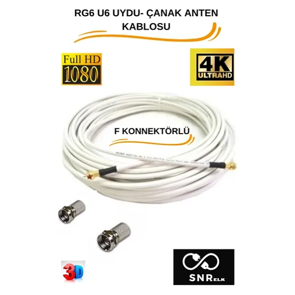 Snrelk 30 Metre Uydu Çanak Anten Kablosu 3D 4K Uyumlu Rg6-U6 64 Tel