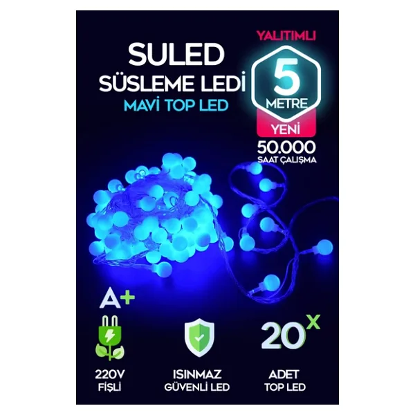 SULED Top Led Mavi Dekor Led Yılbaşı Led Işıkları 5MT Işıkları Top Dize Işıklar Masa Dekorasyon Noel Işık