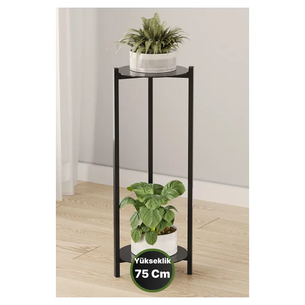 Bino Saksılık Çiçeklik 2 Katlı Metal Çiçeklik Dekoratif Paslanmaz Sac Tepsili Çiçek Standı 63 CM