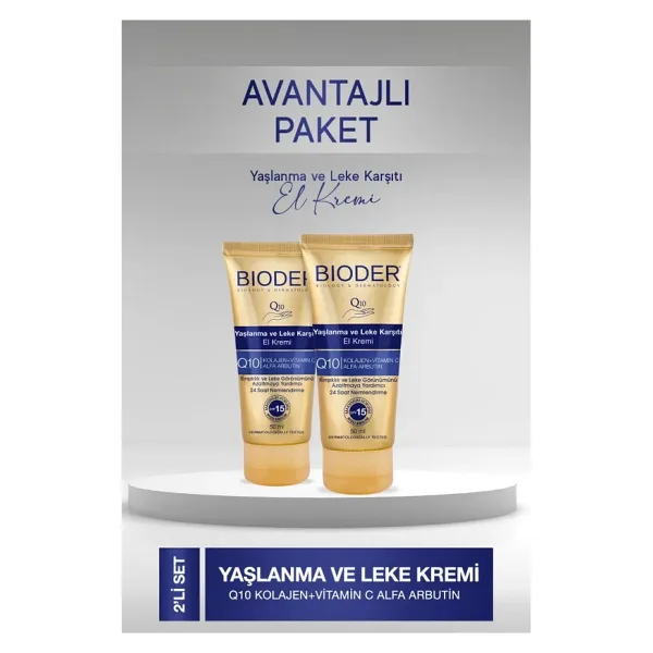 Bioder Yaşlanma ve Leke Karşıtı El Kremi - Kolajen Q10 Arbutin C Vitamini Spf 15 2'li 50 ml