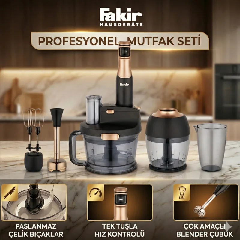 Fakir 1000W Turbo Fonksiyonlu Buz Kırıcı Özellikli Speed Quadro Mutfak Robotu & Blender - Bakır