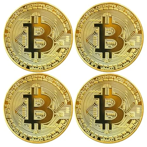 GÜNCELÇARŞI Bitcoin Madeni Hatıra Parası, BTC Altın Rengi Hediye Sikke Para, Kutulu Koleksiyon Parası (4 ADET)
