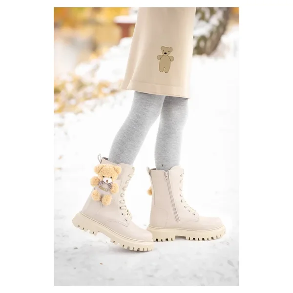 Kiko Kids 450 Ayıcıklı Fermuarlı Kız Çocuk Günlük Bot Ayakkabı Bej