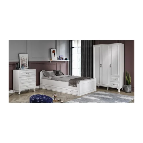 Kzn Home Kartopu Country Oda Takımı - 3 Kapaklı Gardırop, Yavrulu Karyola, 3 Çekmeceli Şifonyer Tamamı Mdf - Beyaz