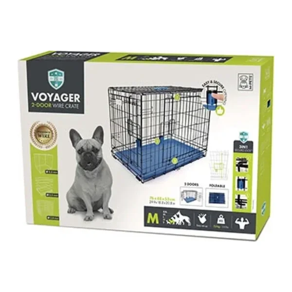 M-Pets Voyager 2 Kapılı Tekerlekli M Mavi 76x48x53 cm Köpek Kafesi