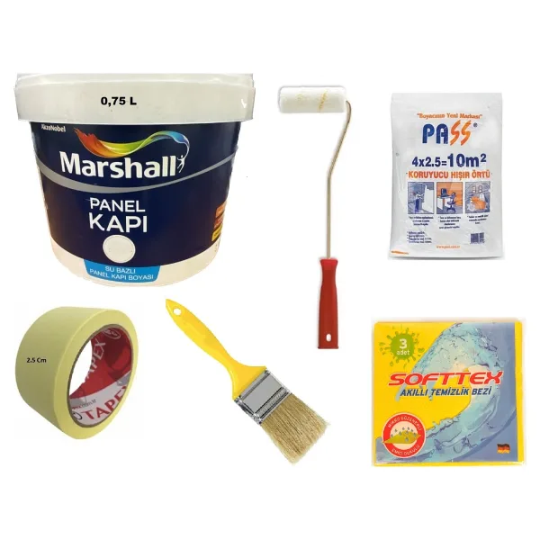 Marshall Su Bazlı Kokusuz Amerikan Panel Kapı Boyası Su Bazlı 1 Lt - 6 Parça Boyama Seti - Meteor - 1 L+ Boyama Seti