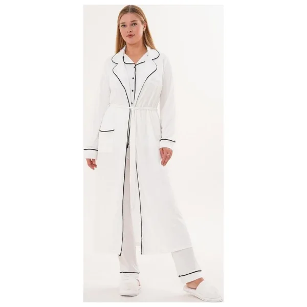 Mecit 6333 Ekru Kadın Sabahlıklı Boydan Düğmeli Pijama Takımı