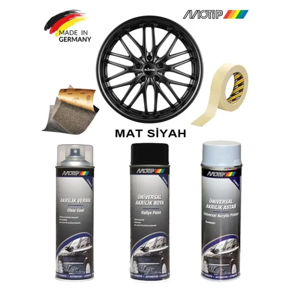 Motip Mat Siyah Jant Boyama Rötuş Seti Akrilik Sprey Boya + Vernik + Astar 500 Ml