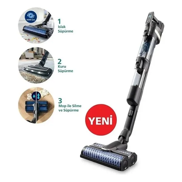 Philips Aqua Trio Yeni 3'ü 1 Arada (Islak, Kuru ve Moplu) Power Cyclone 12 Premium Dijital Akıllı Ekran, Hibrit Güç Motoru Yüksek Performanslı Kablosuz Dikey Süpürge - Siyah