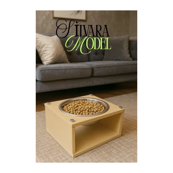 Reyo OK-AY Store Silvara Modern Ahşap Kedi ve Köpek Mama Standı Paslanmaz Çelik Kaseli Mama ve Su Kabı Krem