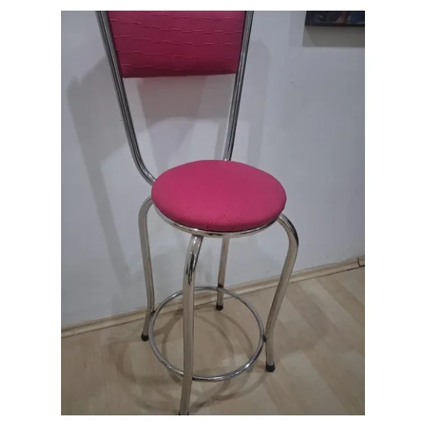 Sandalye St 4565 Bar Yüksek Pembe Fuşya 1Ad Metal Çelik Nikelaj Suni Deri Döşeme