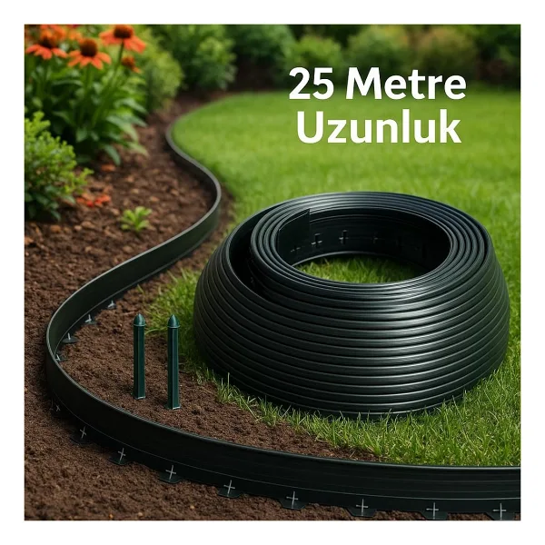 Solutex ÜRETİCİDEN Siyah Çim Ayırıcı - Peyzaj Sınırlayıcı - Toprak Taş Ayıracı -25 Metre Çim Şekillendirici 40 Adet Sabitleme Kazığı ile birlikte