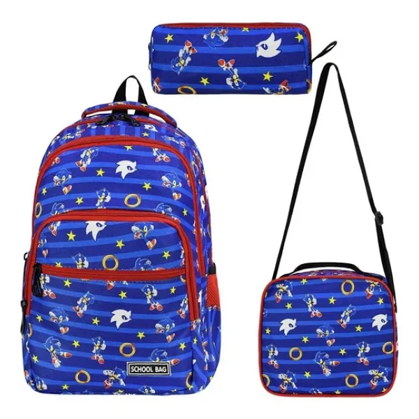 Sonic 3 Lü Set Okul Çantasi İlk Okul Beslenmeli Erkek