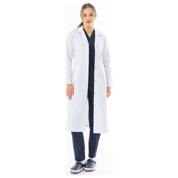 Spor Yaka Maxi Boy Kadın Doktor Önlüğü Alpaka Kumaş Beyaz Bko008 Beyaz