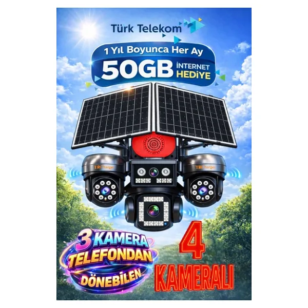 TRCharger 4 Kameralı 4G Solar Güvenlik Kamerası Sim Kartlı, 3 Motorize AOV 7/24 Kayıt, 1 Yıl Her Ay 50GB