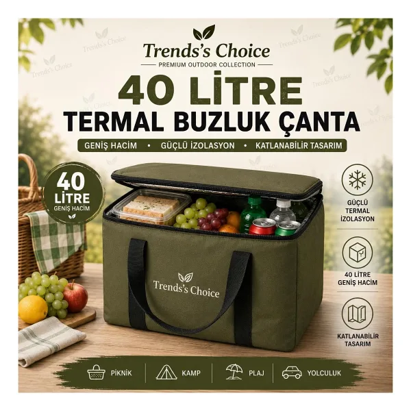 Trends's Choice 40 Litre Termal Buzluk Çanta Katlanabilir Piknik Kamp Plaj ve Yolculuk Için Soğuk Sıcak Koruyucu Seyehat Çantası - Haki