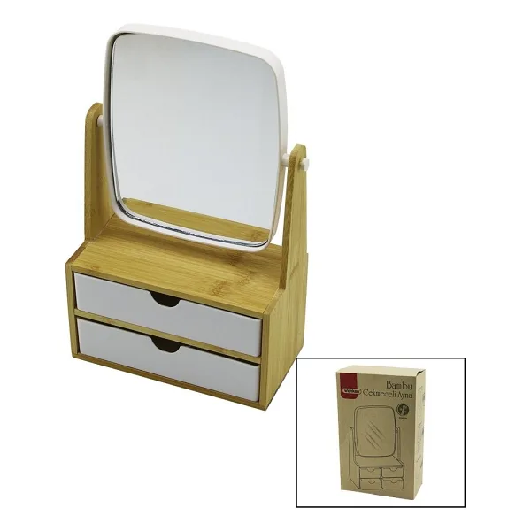 2 Çekmeceli Bambu Ahşap STANDLI=9X9.9X17.8X21.5CM Makyaj AYNASI=15X18CM Takılık 1+1 Organizer
