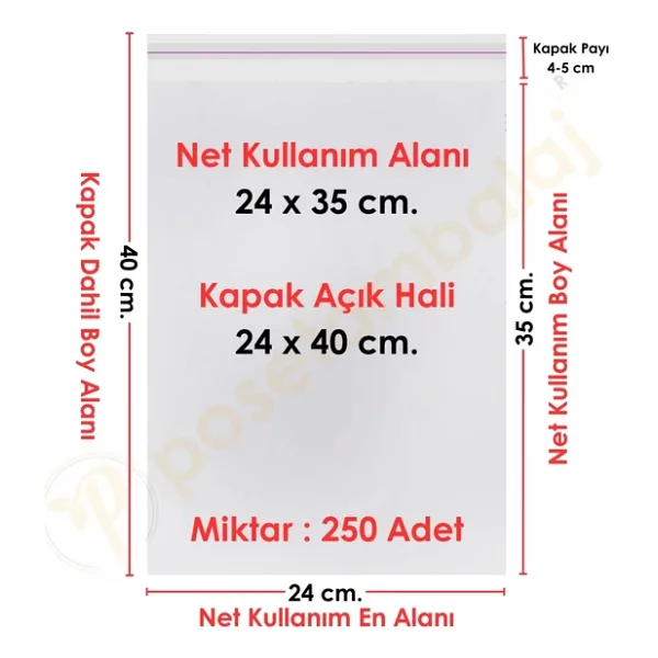 24X35+5 (24X40) Cm. 250 Adet - Şeffaf Bantlı Yapışkanlı Jelatin Poşet