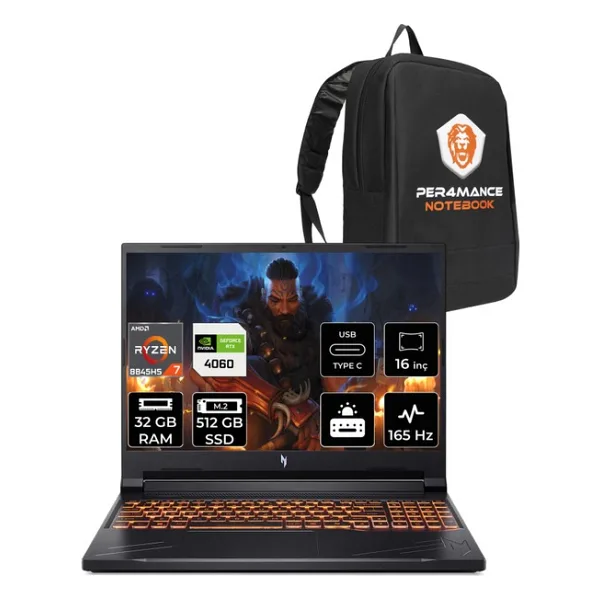 Acer Nitro V 16 Ryzen 7 8845HS RTX 4060 Gaming Laptop 32GB RAM 512GB SSD 16" FHD+ 165Hz FreeDOS + Per4 Çanta NHQRUEY003P317