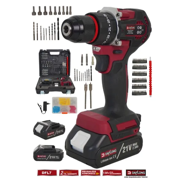 Daflong Pro 21V 130+ Parça Çift Akülü Çelik Mandren Kömürsüz Darbeli Şarjlı Matkap Vidalama Dfl-7