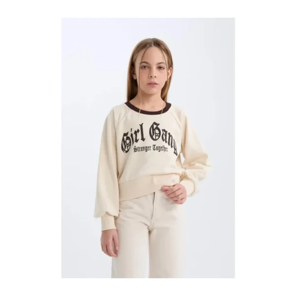 DeFacto Kız Çocuk Relax Fit Bisiklet Yaka Baskılı İçi Yumuşak Tüylü Sweatshirt D7042A824WN